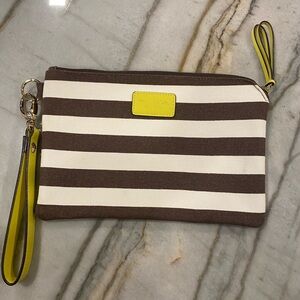 Henri Bendel Brown and Cream Striped Clutch with Yellow Accent